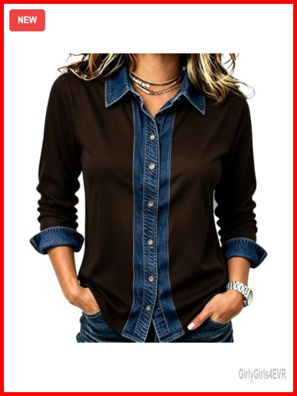 Womens Button Down Denim Shirt Chambray Patchwork Blouse Long Sleeve